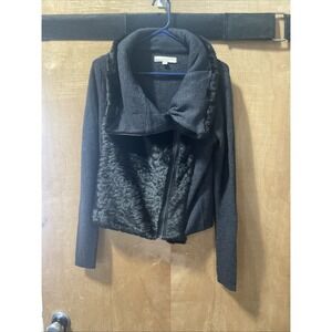 Loft Sweater Jacket Faux Fur Collar Asymmetrical Side Zipper Medium Black